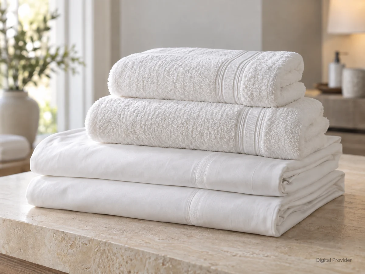 Illustration : draps et serviettes blancs soigneusement pliés.
