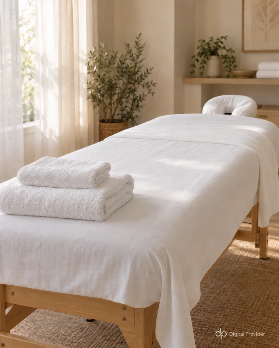 Illustration : table de massage avec linge blanc, couvre-têtière et serviettes pliées.